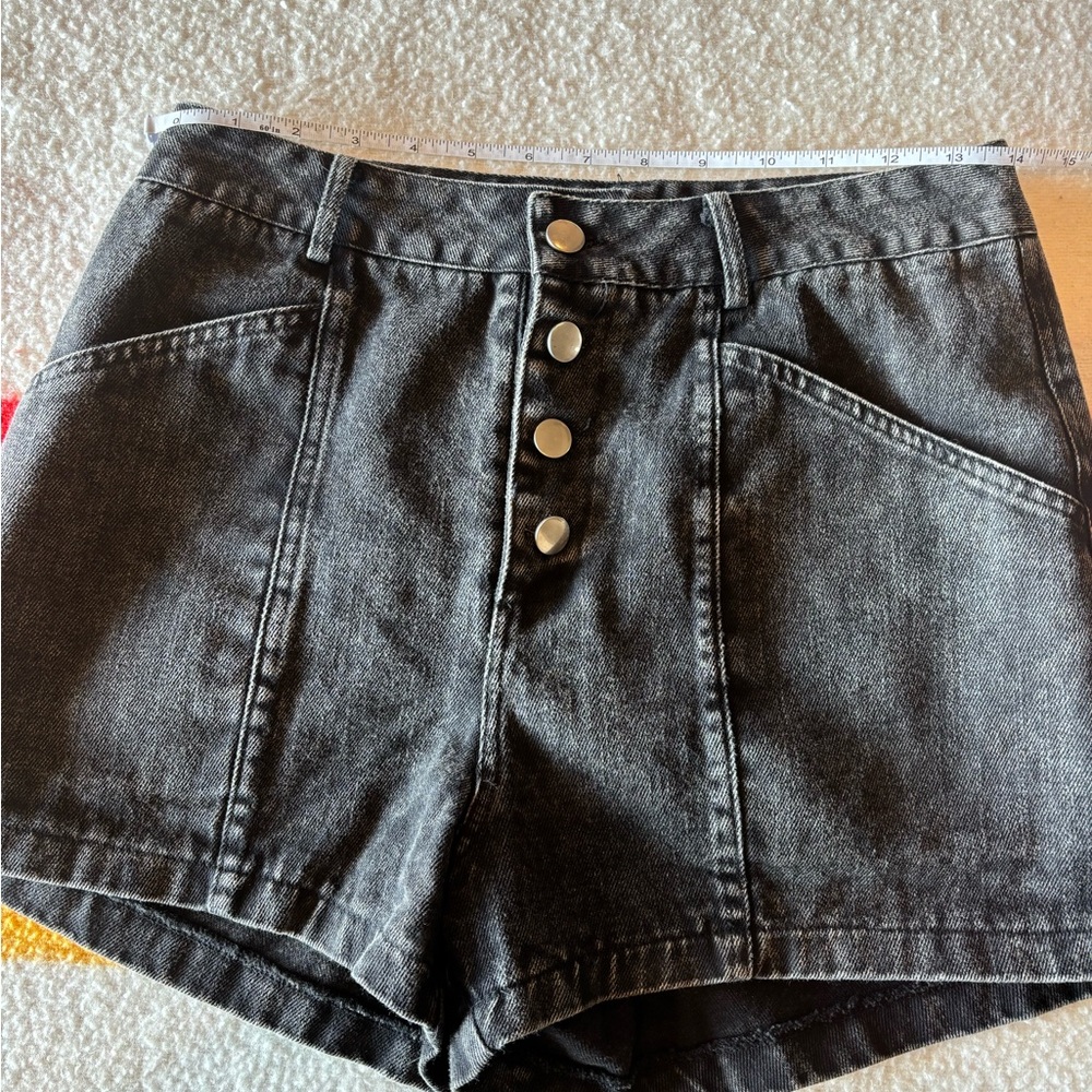 She + Sky High-Rise Button-Front Black Denim Shorts